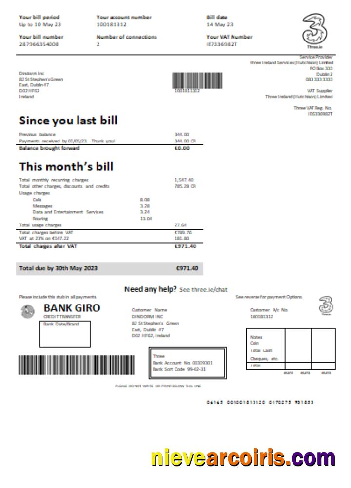 Three Ireland (Hutchison) Limited utility business bill,